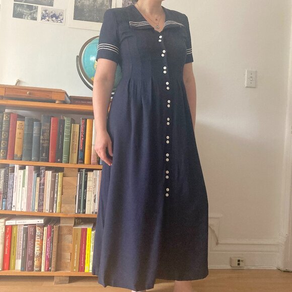 Vintage J.B.S Ltd 1980s-1990s Navy and White Midi Nautical Dress - Picture 1 of 4